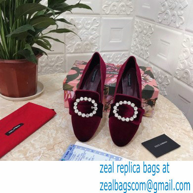 Dolce  &  Gabbana Velvet Crystals Loafers Slippers Burgundy 2021